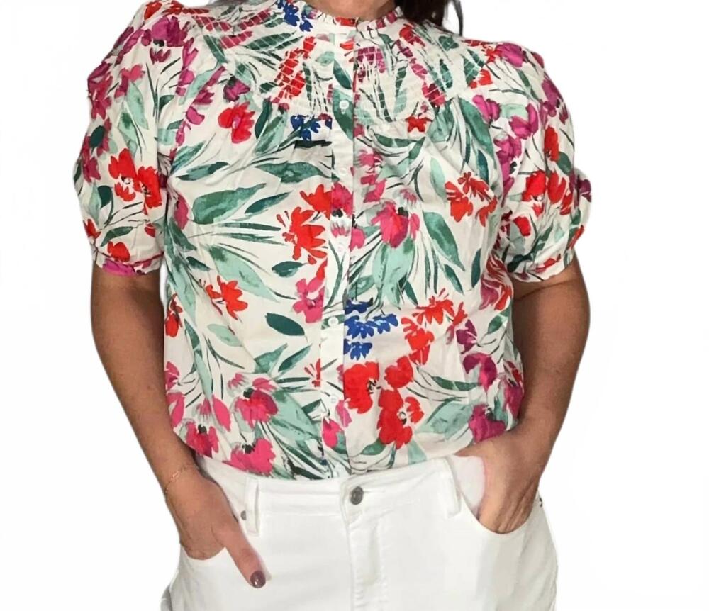 NEW SUGARLIPS women's kivia blossom smocked mock neck top in white